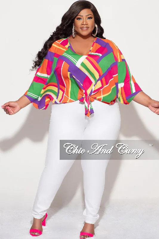 Final Sale Plus Size Knotted Top in Multi Color Design PrintLarge women's breathable tops