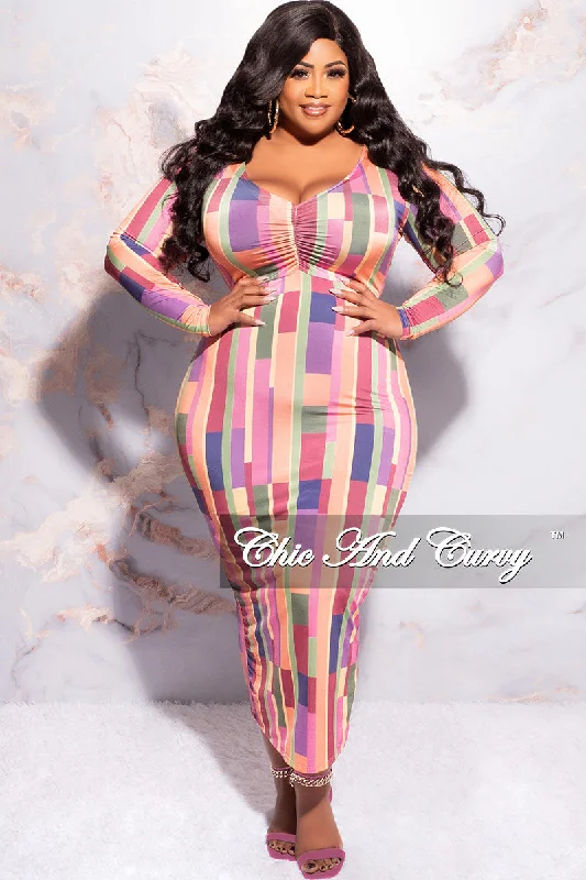 Final Sale Plus Size Long Sleeve Midi Dress with Back Slit in Multi Color Stripe PrintLarge women's windproof tops