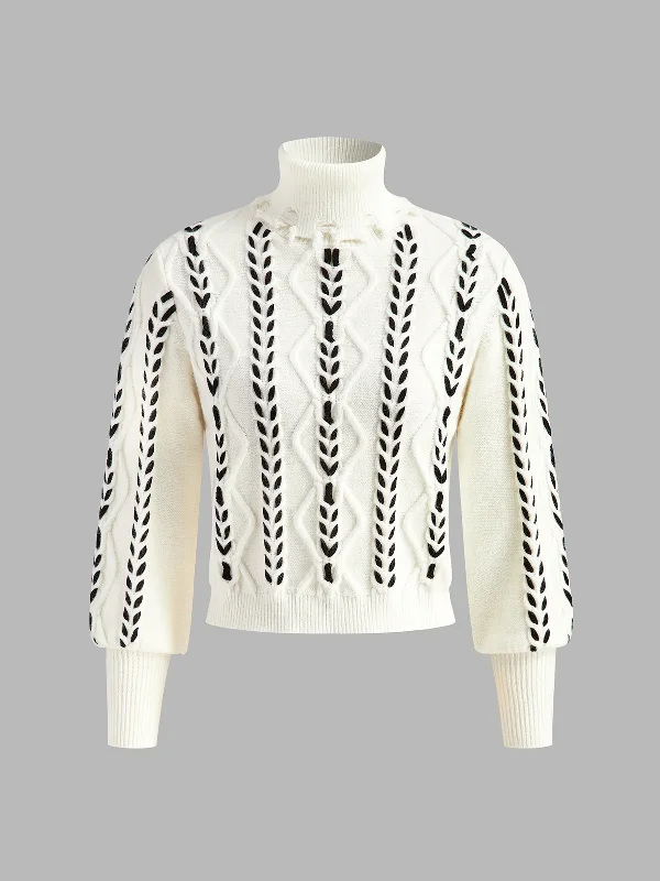 Embroidered Knit TopsTurtleneck Raw Hem Twist Sweater