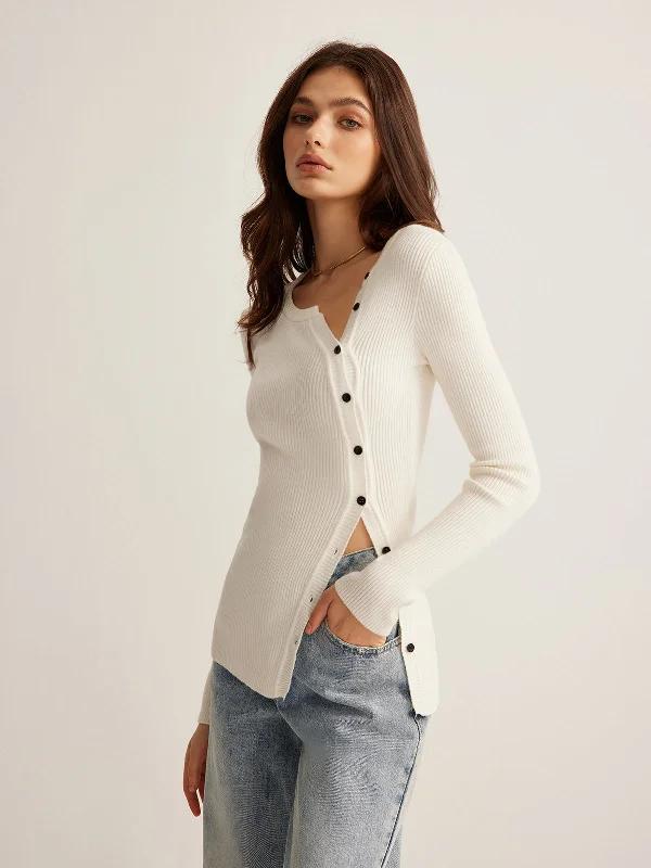 Striped Knit TopsPlain Asymmetrical Breasted Sweater