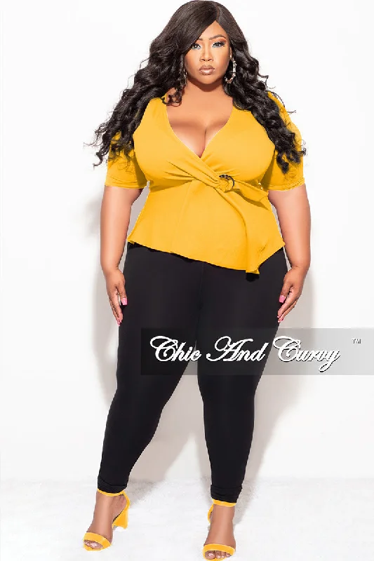 Final Sale Plus Size Faux Wrap Peplum Top in MustardKnit Shirt