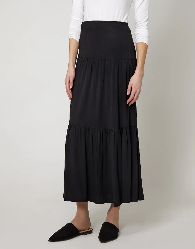 37" Modal Tiered Skirt with Covered Elastic Waistband BlackTulip Skirt