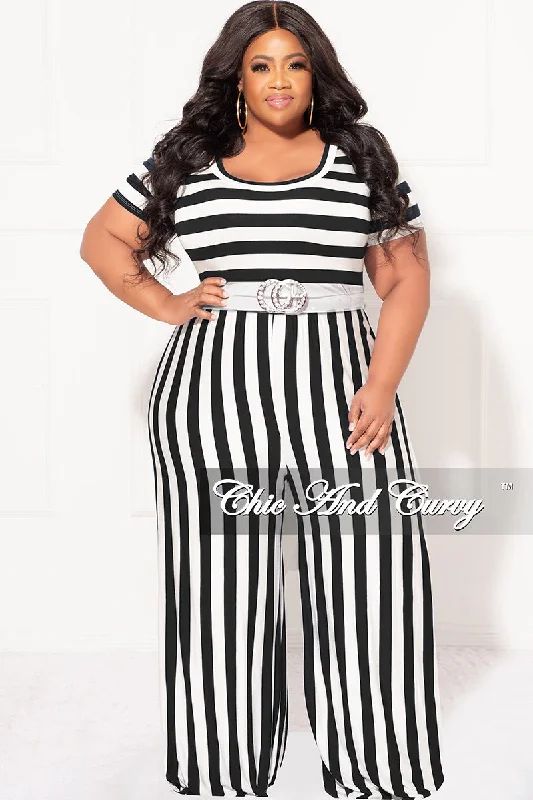 Final Sale Plus Size Short Sleeve Jumpsuit in Black and White StripesPlus size women's bohemian tops