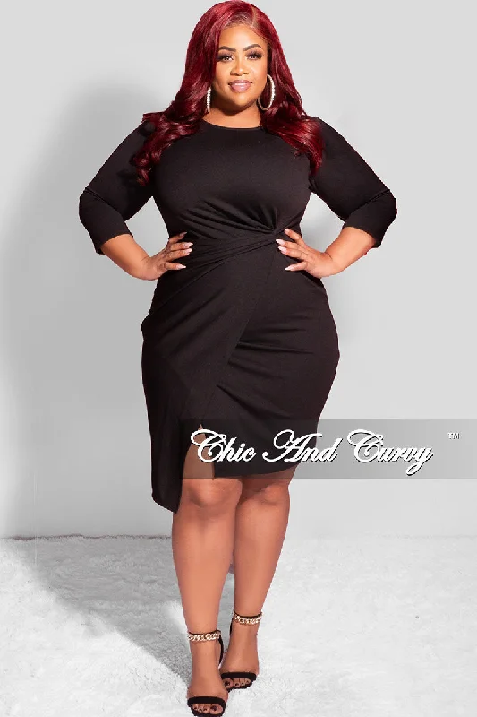 Final Sale Plus Size Long Sleeve Side Knot Wrap Midi Dress in BlackLarge women's polyester tops