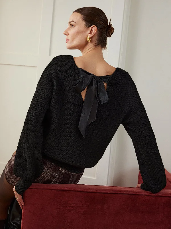 Leather-Paneled Knit TopsRibbed V-Neck Bow Sweater