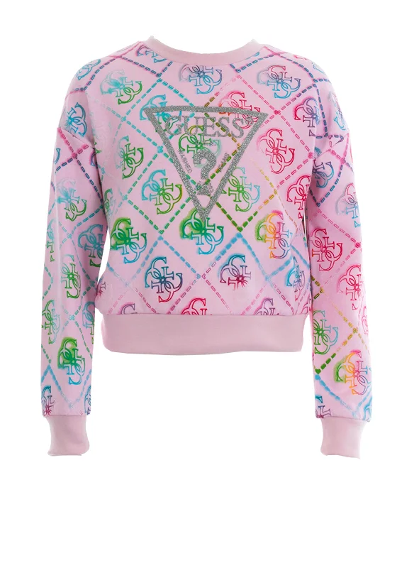 Button-Up Knit TopsGuess Mini Girls Print Long Sleeve Sweater, Pink Multi