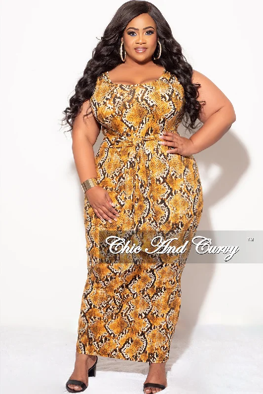 Final Sale Plus Size Sleeveless Maxi Dress with Waist Tie in Mustard and Black Snake PrintPlus size women's patchwork tops