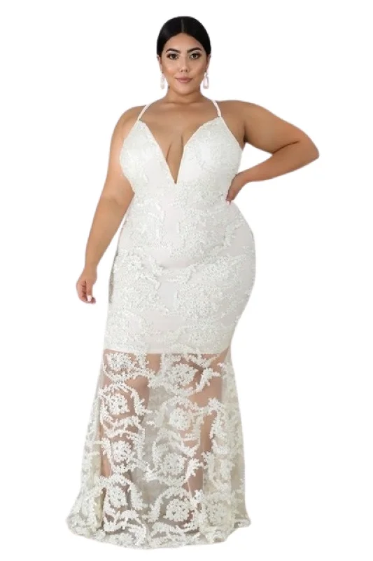 Final Sale Plus Size Gown with Deep V and Mermaid Bottom in IvoryLarge women's waist-baring tops