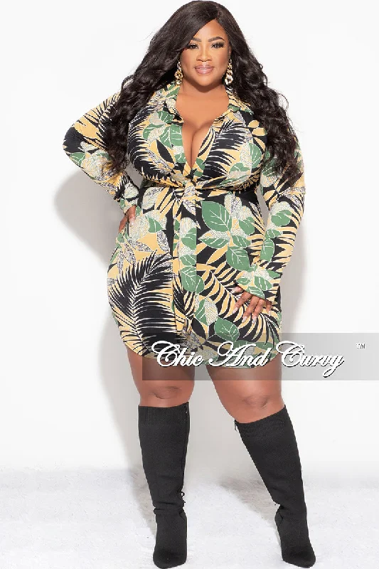 Final Sale Plus Size Faux Wrap BodyCon Dress in Mustard Black and Olive Palm PrintLarge women's pullover tops