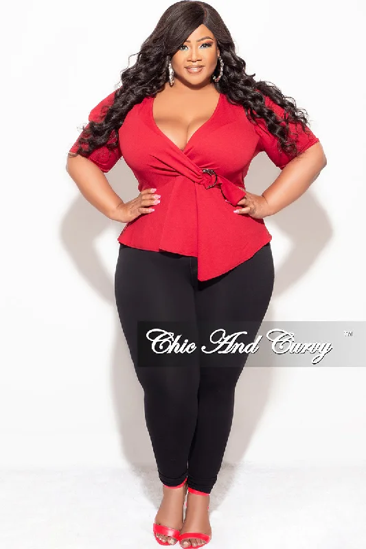 Final Sale Plus Size Faux Wrap Peplum Top in BurgundyKnitted 