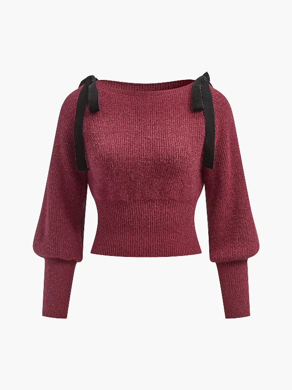 Designer Knit TopsContrast Bow Cinched Waist Sweater