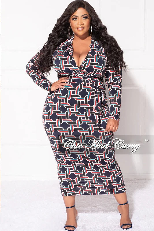 Final Sale Plus Size Collar Faux Wrap Midi BodyCon Dress in Navy Multi Color Design PrintLarge women's zipper tops