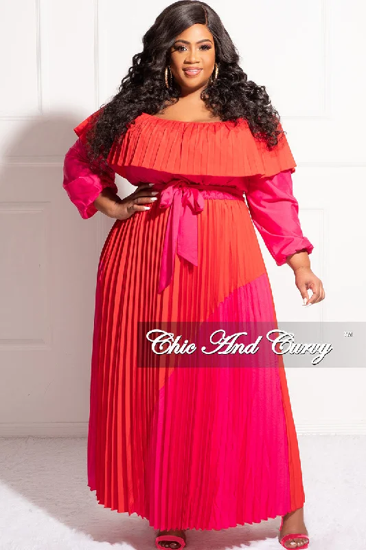 Final Sale Plus Size ColorBlock Strapless Chiffon Pleated Maxi DressKnitted Shirt