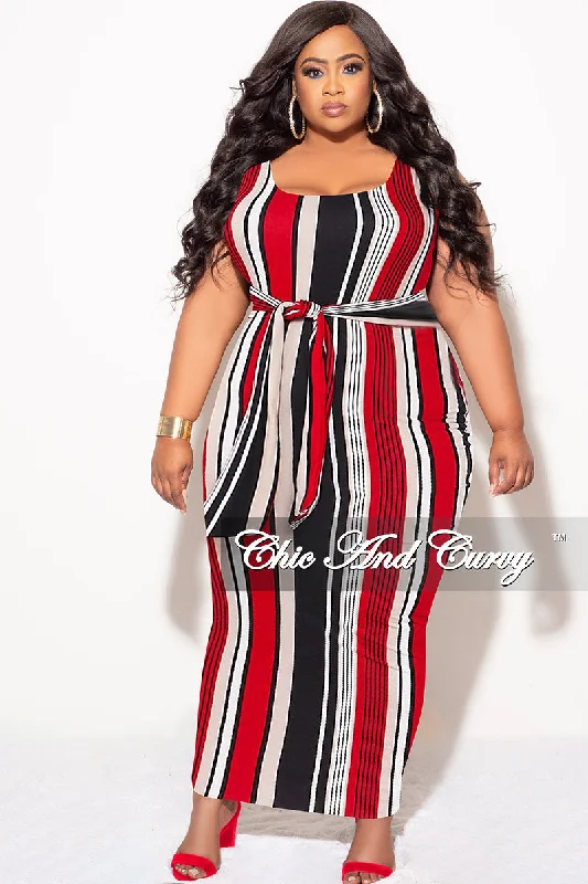 Final Sale Plus Size Sleeveless Maxi Dress with Waist Tie in Red Black and White Stripe PrintPlus size women's ruffle tops