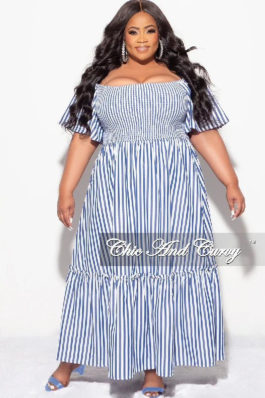 Final Sale Plus Size Off the Shoulder Frill Tiered Maxi Dress in Blue and White Stripe PrintWomen's designer tops