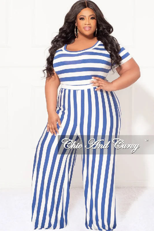 Final Sale Plus Size Short Sleeve Jumpsuit in Blue and White StripesPlus size women's simple tops