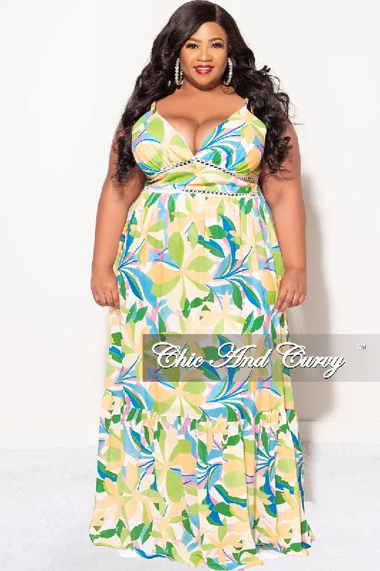 Final Sale Plus Size Sleeveless Tiered Maxi Dress In Yellow and Green Floral Multi Color PrintWomen's sleeveless tops