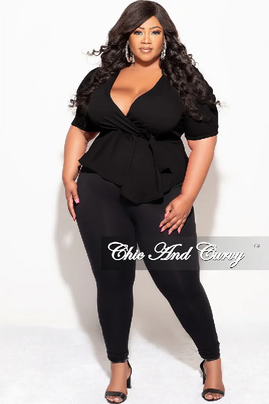 Final Sale Plus Size Faux Wrap Peplum Top in BlackFashionable plus size women's tops