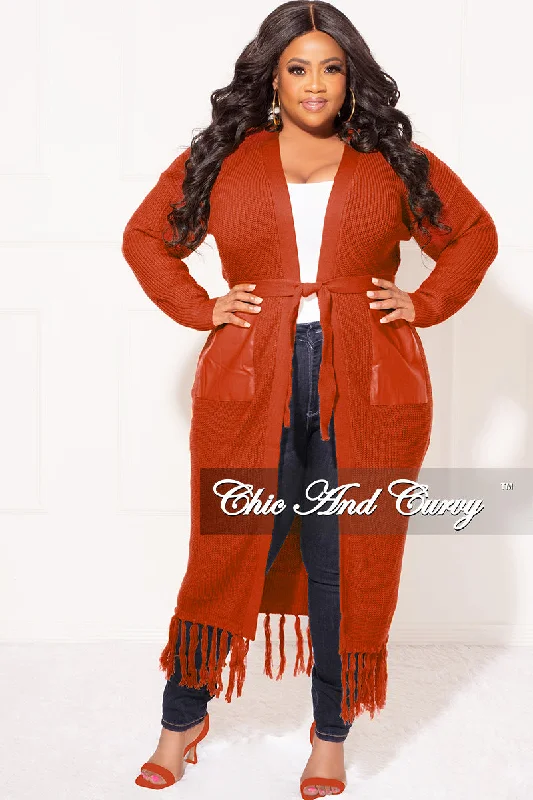 Final Sale Plus Size Fringe Knit Sweater Duster with Faux Leather Pockets in RustLarge women's zipper tops