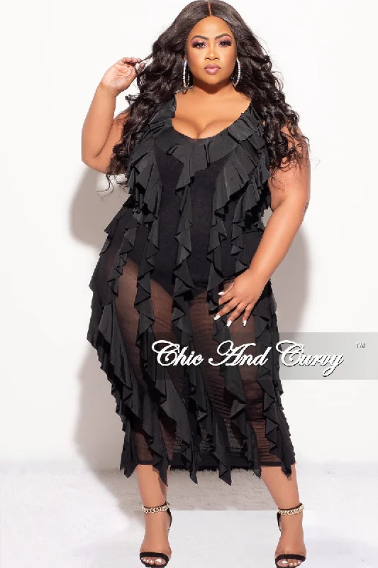 Final Sale Plus Size Sleeveless Sheer Ruffle Midi Dress in BlackLarge women's oversize tops