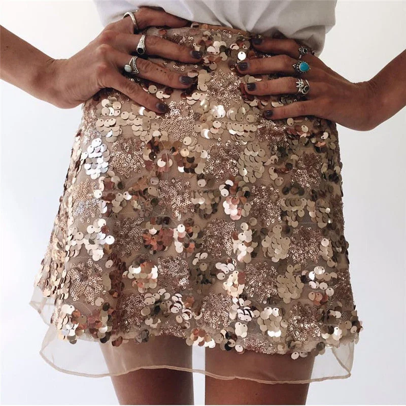 Shiny Sequins Transparent Fabric Mini Skirts Women Sexy Hollow Out Zipper Fly Skirt 2019 Summer Autum Skirt Fashion StreetwearEmbroidered Skirt