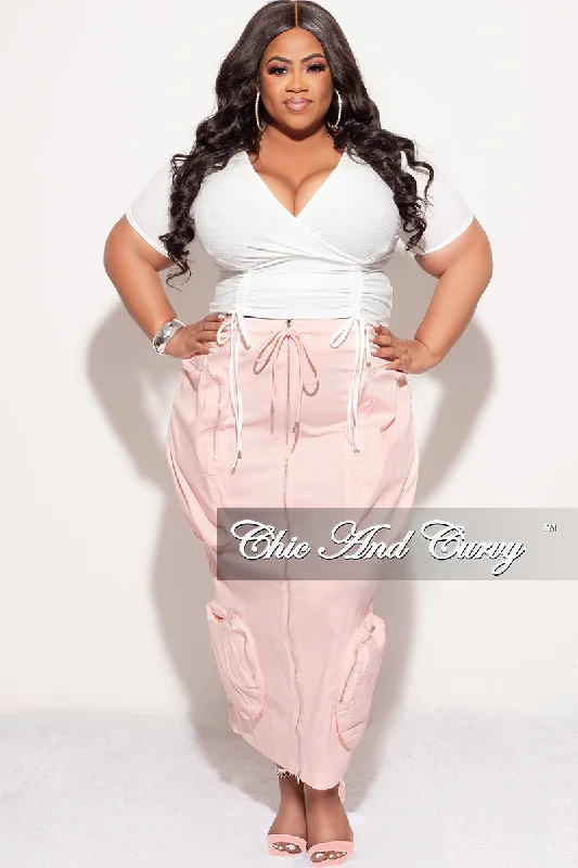 Final Sale Plus Size Ribbed Short Sleeve Faux Wrap Drawstring Top in White (Top Only)Plus size women's V-neck tops