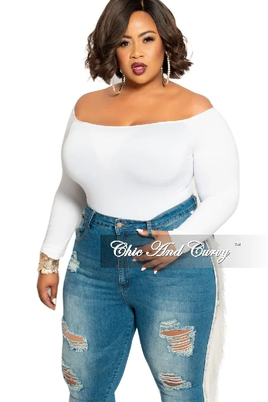 Final Sale Plus Size Long Sleeve Off the Shoulder Bodysuit in WhiteLarge women's blended tops