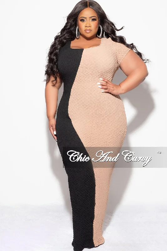 Final Sale Plus Size BodyCon Midi Dress in Black & TaupeLarge women's zipper tops