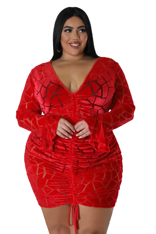 Final Sale Plus Size Bell Sleeve Velvet Mini BodyCon Dress with Ruched Drawstring in RedPlus size women's ruffle tops