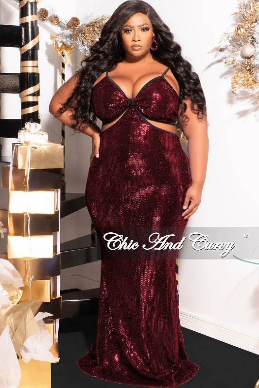 Final Sale Plus Size Spaghetti Strap Faux Sequin Gown with Cut Outs in RedWomen's summer tops