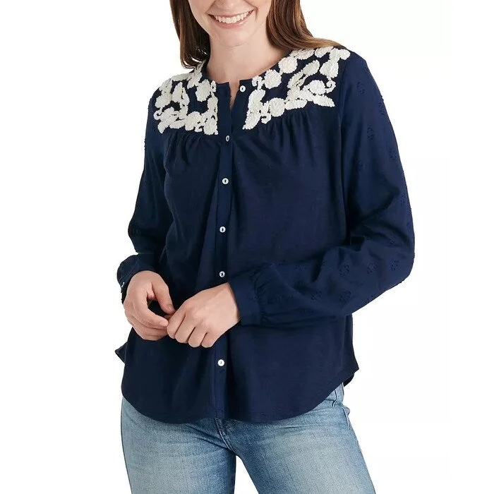 U-plunge BraLucky Brand Women's Embroidered Yoke Button Front Top Blue Navy Size Small