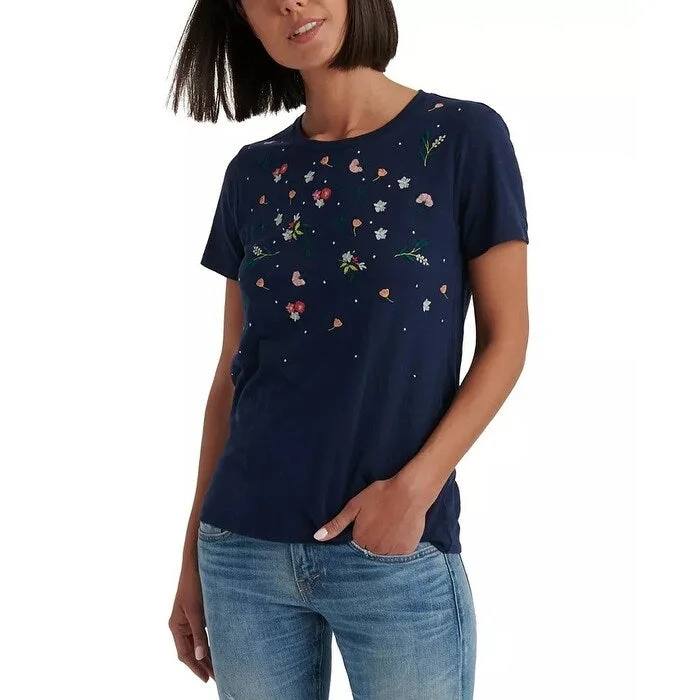 Sheer BraLucky Brand Women's Floral Embroidered Tee Size Medium Blue Navy Size Medium