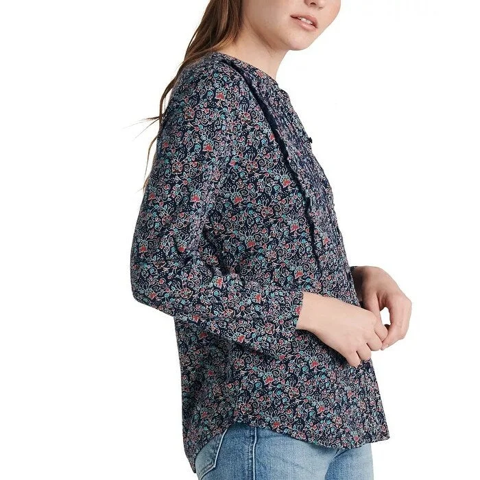 Silk BraLucky Brand Women's Printed Eyelet Button Front Top Blue Navy Size X-Large