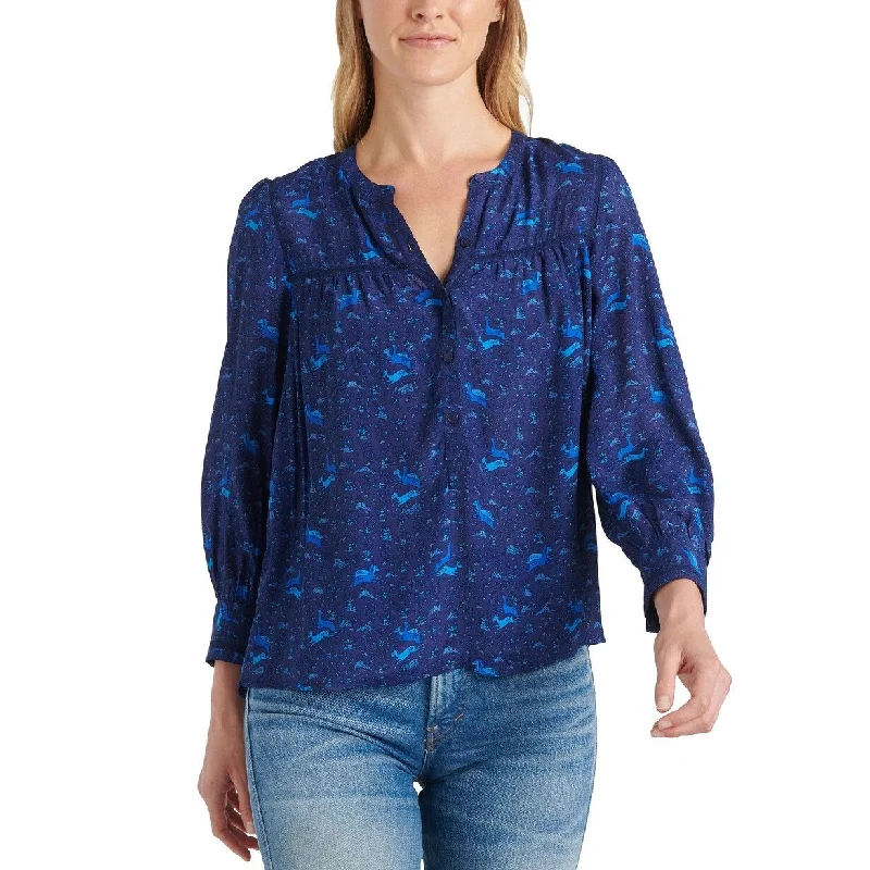 Deep V BraLucky Brand Women's Sophie Print Popover Top Blue Navy Size Medium