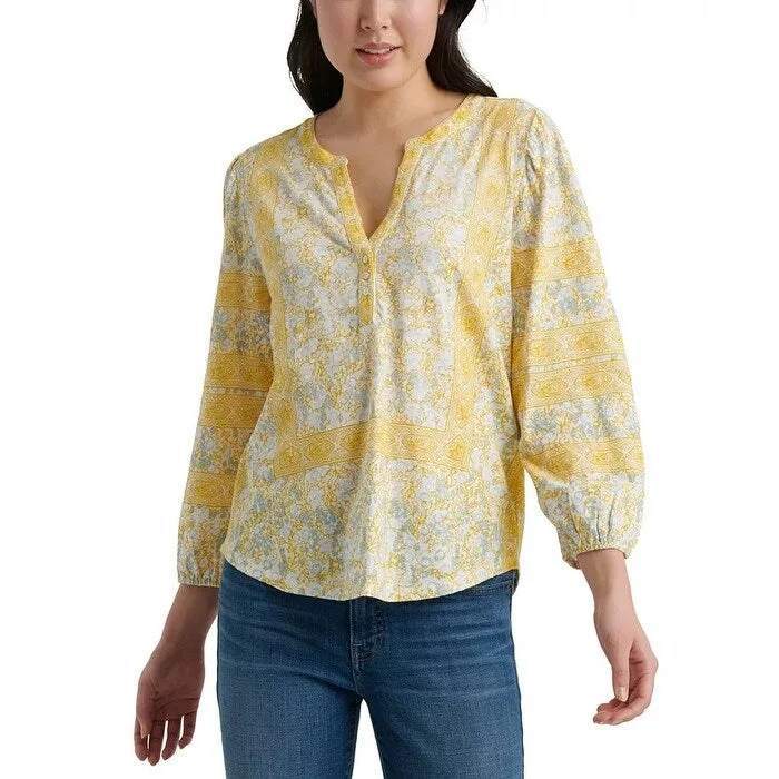 Longline BraLucky Brand Women's Print Balloon Sleeve Cotton Top Yellow Size Medium