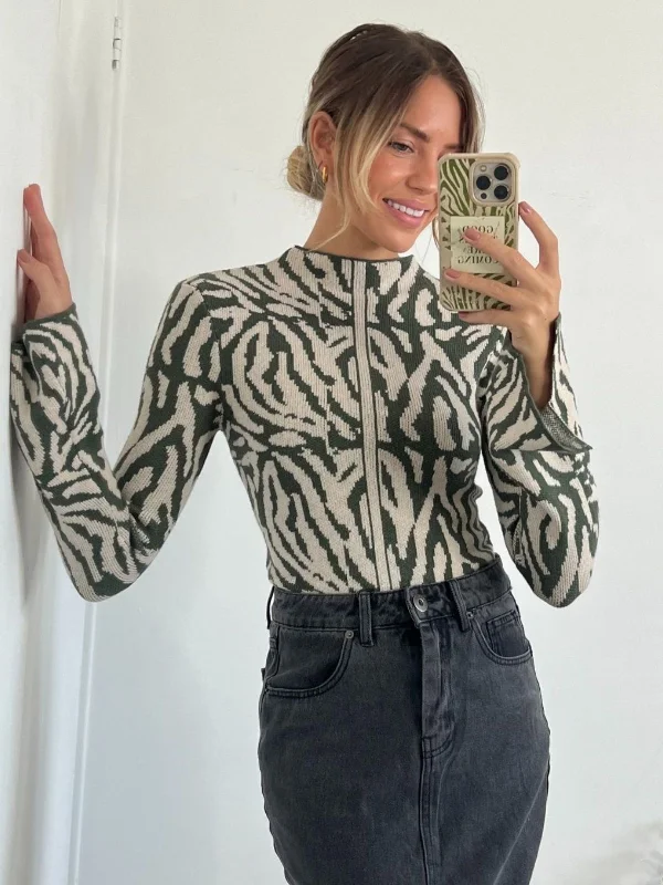 BraletteZaria Zebra Jacquard High Neck Top / Khaki