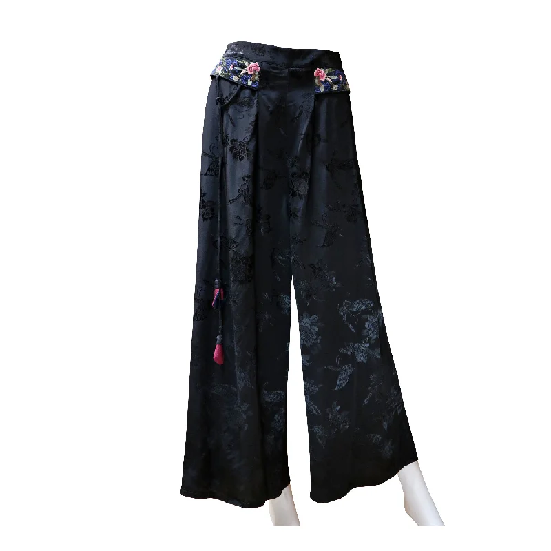 Lightweight Wide-Leg Pants with Embroidered Floral Waist - OnyxPrinted Pants