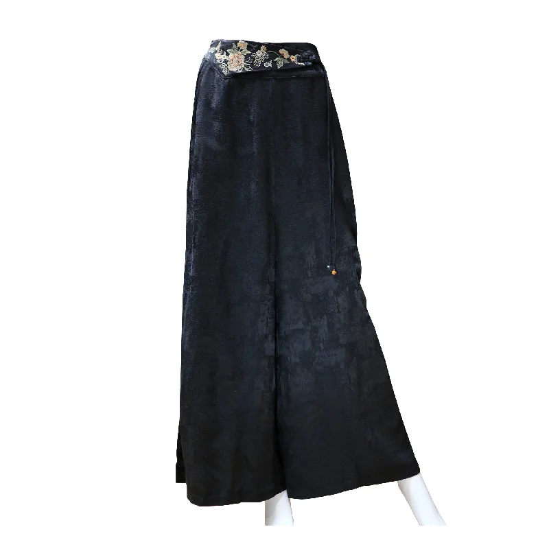 Wide-Leg Pants with Embroidered Floral Waist - OnyxEmbroidered Pants