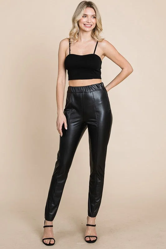 Black Fleece Lined Faux Leather Pants With Elastic BandCamo Pants