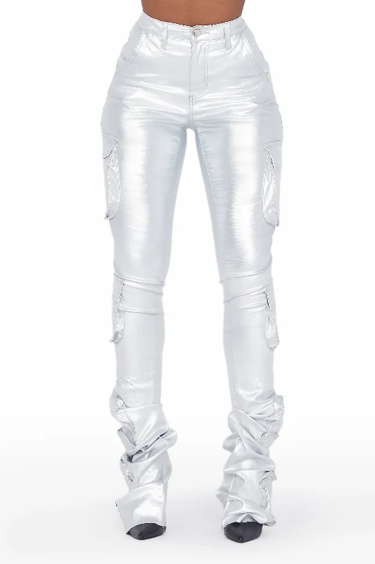 Miracle Silver PU Cargo Super Stacked PantPegged Pants