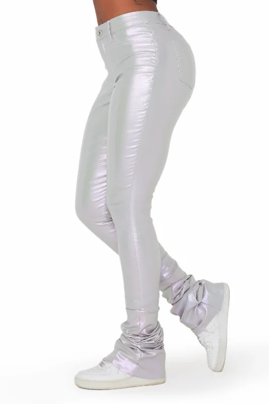 Zaniyah Metallic Silver PU Super Stacked PantMom Jeans