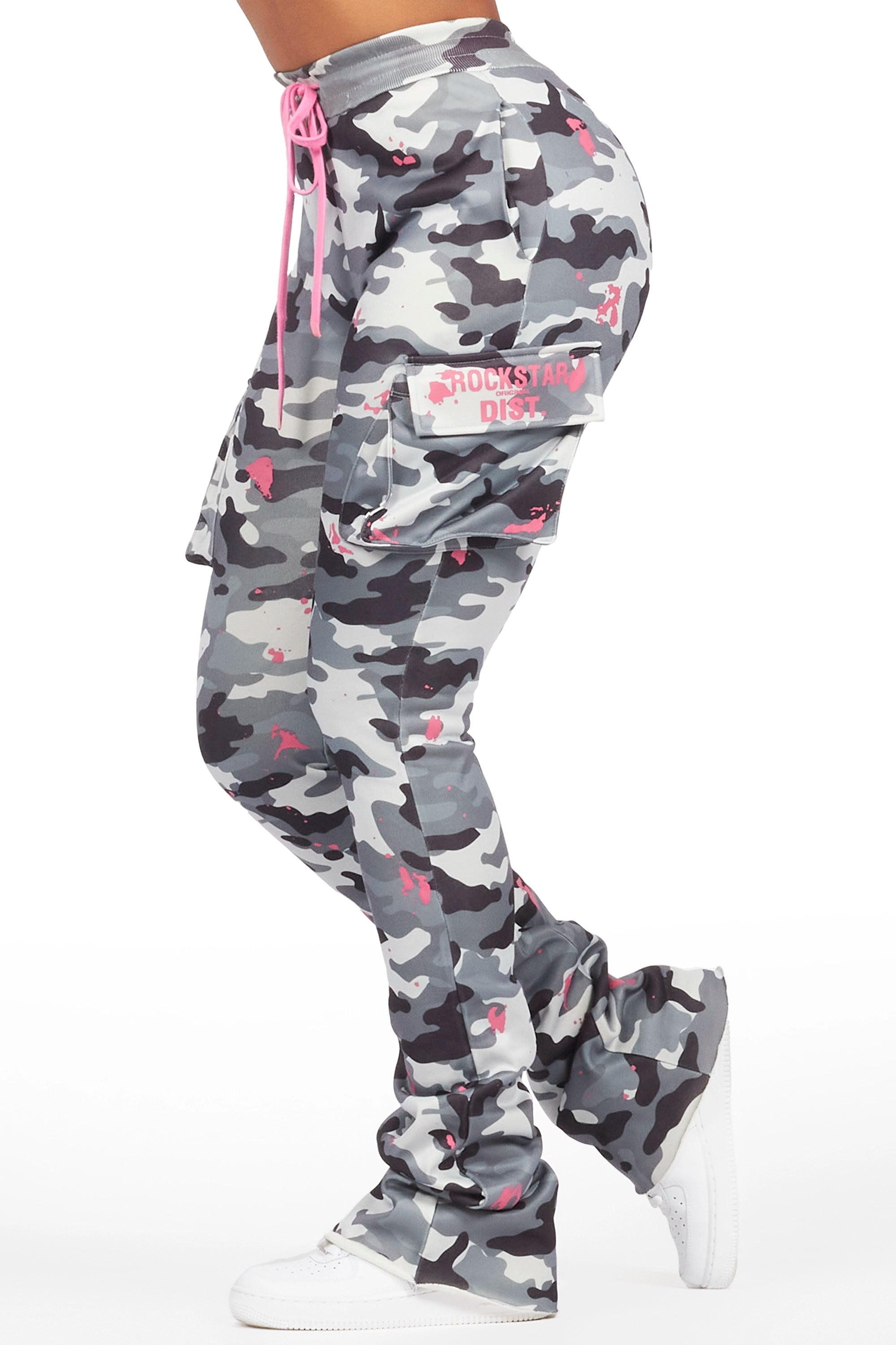 Lavenda Grey Camo Cargo Stacked Track PantHigh-waisted