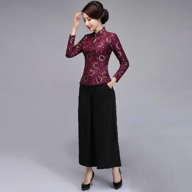 Key Hole Neck Lace Cheongsam Top with Long PantskirtRiding Pants