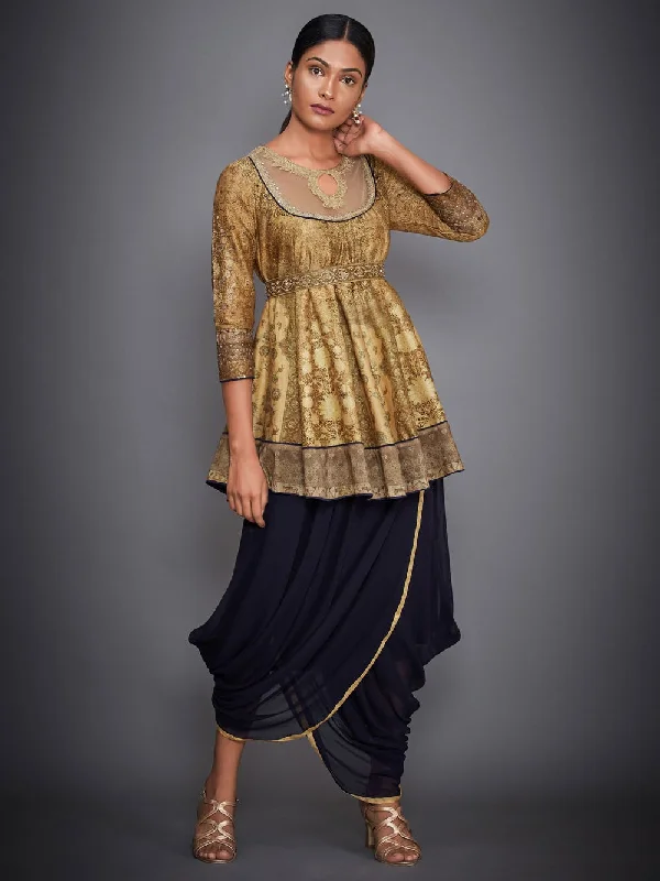 RI Ritu Kumar Gold & Navy Aari Embroidered Kurti With Dhoti PantsDenim Shorts