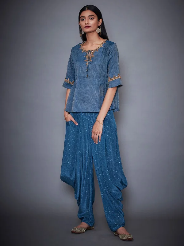 RI Ritu Kumar Teal Blue & Gold Shimmer Kurti With Dhoti PantsHot Pants