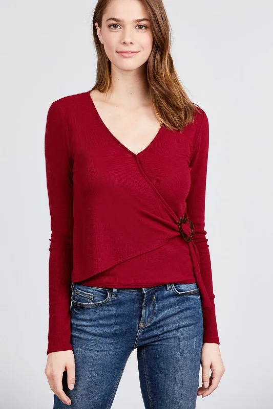 Burgundy Side Buckle Detail Rib Knit TopKnitted Solid