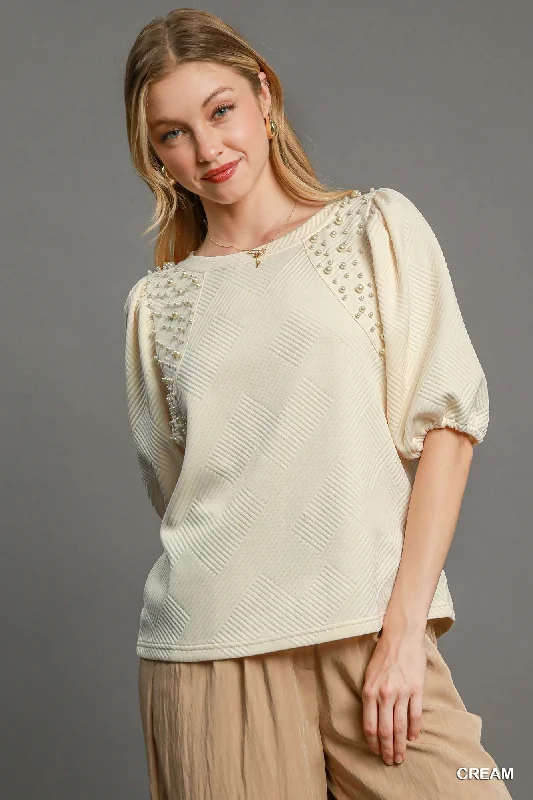 Cream Color Puff Sleeve Knit TopKnit Polka Dot