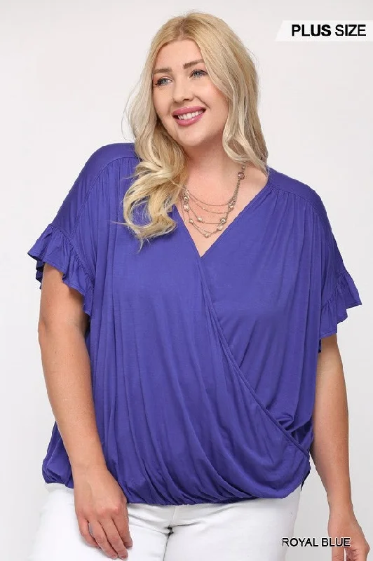 Solid Viscose Knit Surplice Top With Ruffle SleeveKnitted Striped