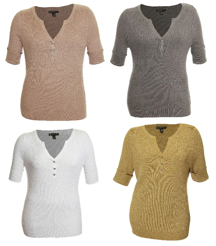 INC Short Cuffed Sleeve Ribbed Henley Knit TopKnit Cable